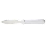 A TableCraft stainless steel sandwich spreader with a rounded, slightly serrated blade and a solid white plastic handle is shown on a plain white background.