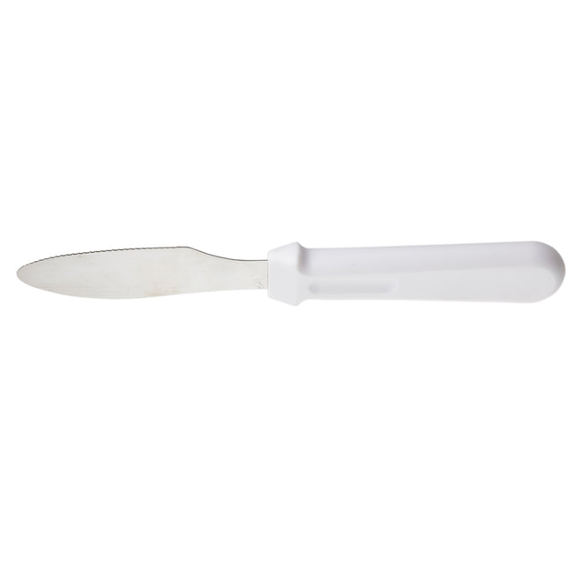 A TableCraft stainless steel sandwich spreader with a rounded, slightly serrated blade and a solid white plastic handle is shown on a plain white background.