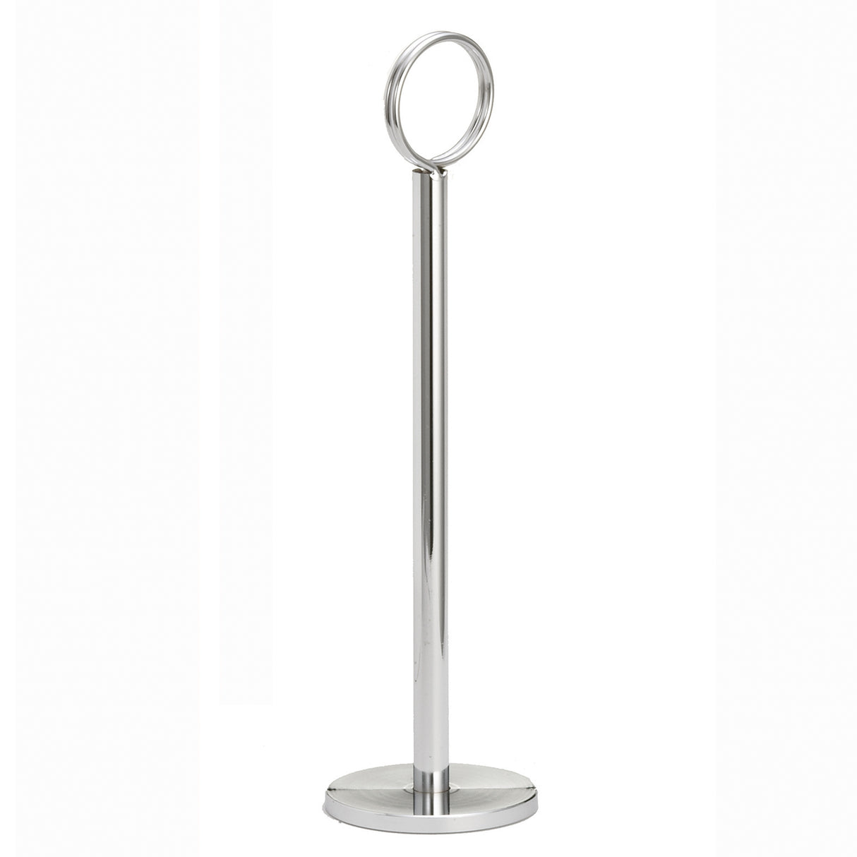 A tall, sleek, chrome-plated metal stand with a round base and a large circular ring at the top, set against a plain white background. This minimalistic and modern TableCraft number stand is ideal for holding paper towels or table numbers.