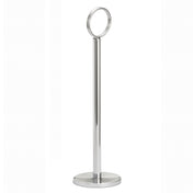 A tall, sleek, chrome-plated metal stand with a round base and a large circular ring at the top, set against a plain white background. This minimalistic and modern TableCraft number stand is ideal for holding paper towels or table numbers.