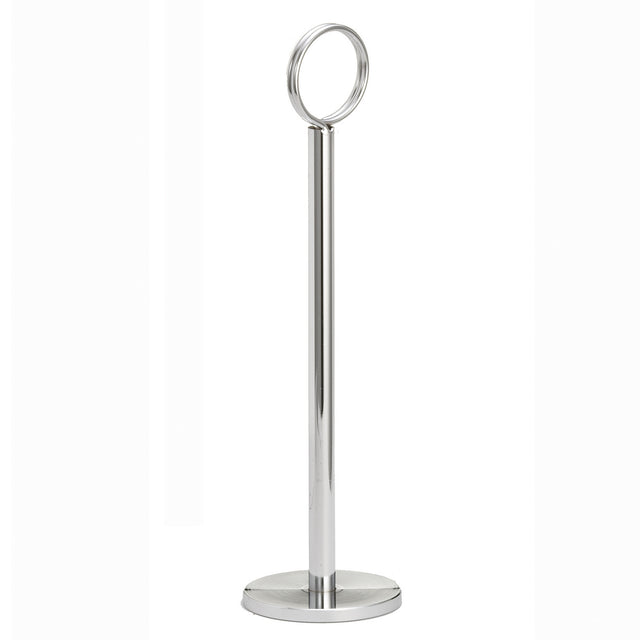 A tall, sleek, chrome-plated metal stand with a round base and a large circular ring at the top, set against a plain white background. This minimalistic and modern TableCraft number stand is ideal for holding paper towels or table numbers.