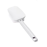 A BPA free spatula with a flat, rectangular head and a long handle featuring a hanging hole. This heat resistant spatula is positioned diagonally on a plain white background, highlighting its simple and functional design.