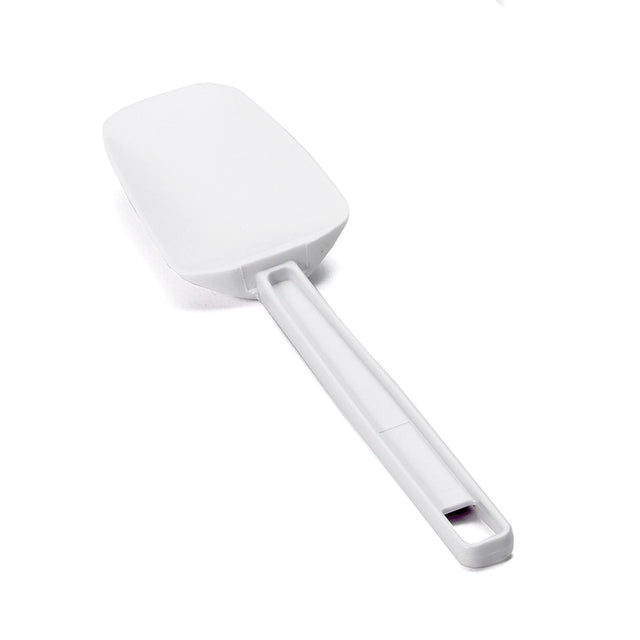 A BPA free spatula with a flat, rectangular head and a long handle featuring a hanging hole. This heat resistant spatula is positioned diagonally on a plain white background, highlighting its simple and functional design.