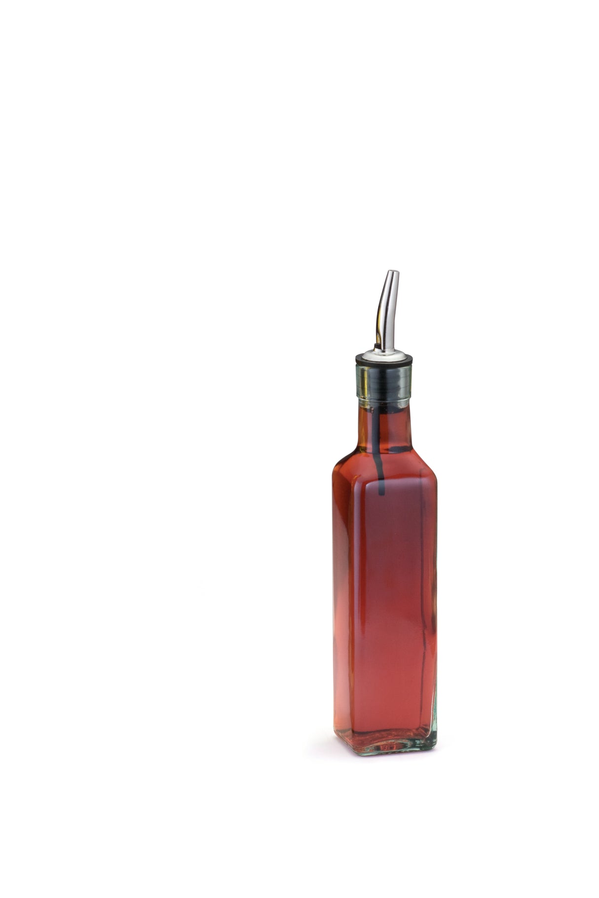 A green glass bottle filled with reddish-brown liquid stands upright on a white background. The simple olive oil bottle features a stainless steel pourer capped with a silver top, and there are no labels or markings visible.