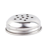 A shiny, round, perforated stainless steel shaker lid with multiple holes on top, designed as a replacement shaker top for dispensing spices or powders. Its smooth, reflective surface stands out against a plain white background.