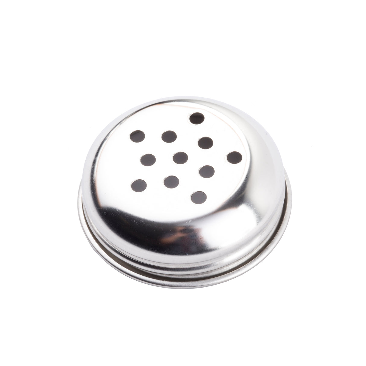 A shiny, round replacement shaker top made of perforated stainless steel with a smooth, reflective surface and evenly spaced holes. The lid is dishwasher safe and photographed against a white background.