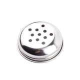 A shiny, round replacement shaker top made of perforated stainless steel with a smooth, reflective surface and evenly spaced holes. The lid is dishwasher safe and photographed against a white background.