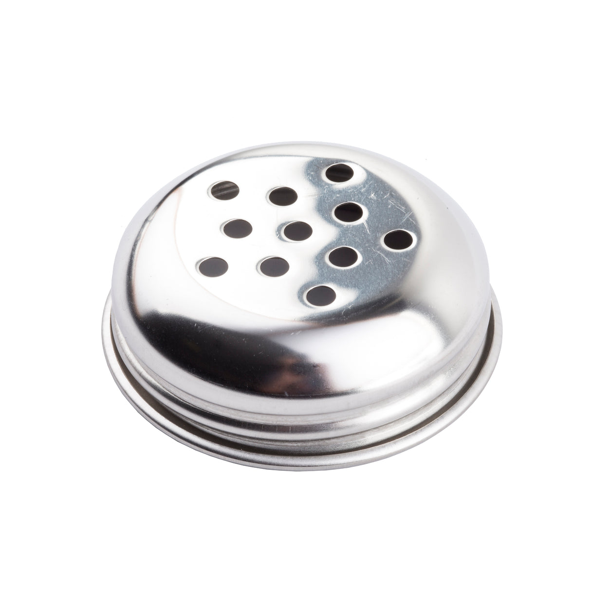 A shiny, round perforated stainless steel shaker lid with evenly spaced holes on top, photographed against a white background. The replacement shaker top has a smooth, reflective surface and a threaded edge for attaching to a container.