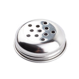 A shiny, round perforated stainless steel shaker lid with evenly spaced holes on top, photographed against a white background. The replacement shaker top has a smooth, reflective surface and a threaded edge for attaching to a container.