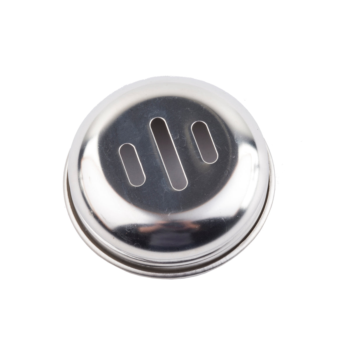 A shiny, round stainless steel lid with three elongated vertical slots in the center, viewed from above on a white background. This reflective shaker replacement top is likely designed for a container such as a spice jar.