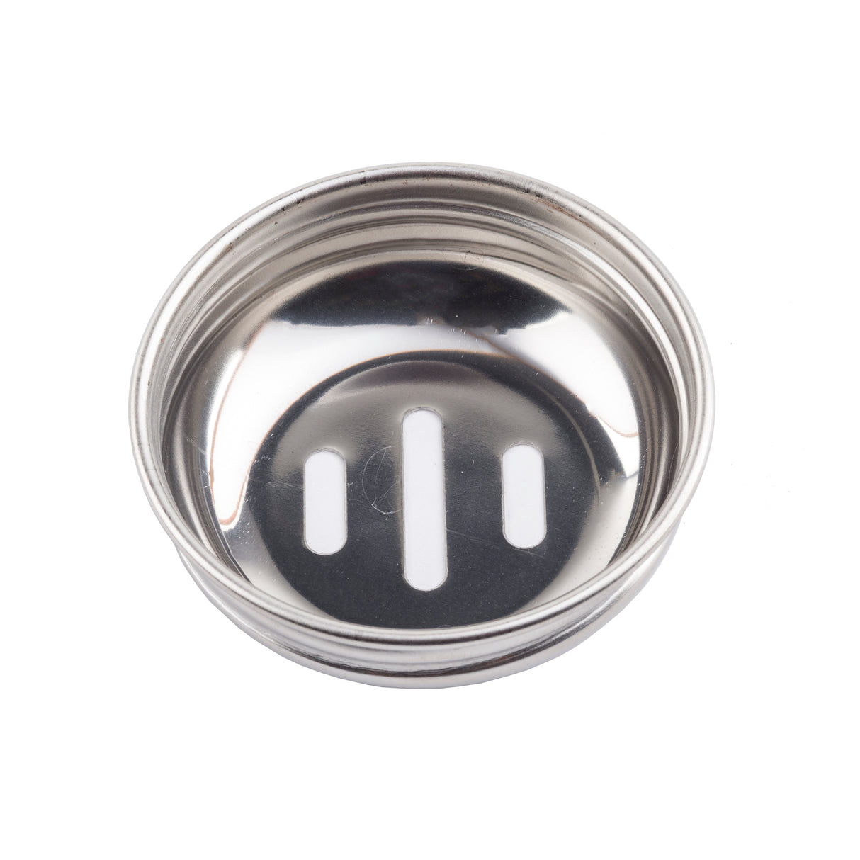 A round, stainless steel lid with three vertical rectangular slots in the center. The smooth, reflective surface and ribbed edge suggest it is a replacement shaker top that is likely dishwasher safe. The background is white.