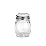 A clear, ribbed glass cheese shaker with a round, silver metal lid featuring small holes, set against a plain white background; the shaker is also dishwasher safe.
