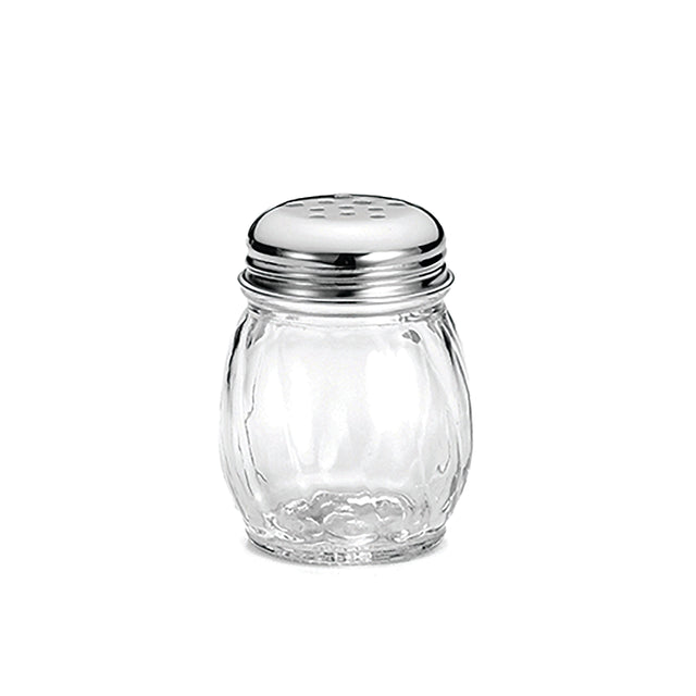 A clear, ribbed glass cheese shaker with a round, silver metal lid featuring small holes, set against a plain white background; the shaker is also dishwasher safe.