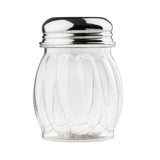 A clear glass salt shaker with a swirled, ribbed design and a shiny metal screw-on lid, filled with white salt. The cheese shaker is photographed against a plain white background.