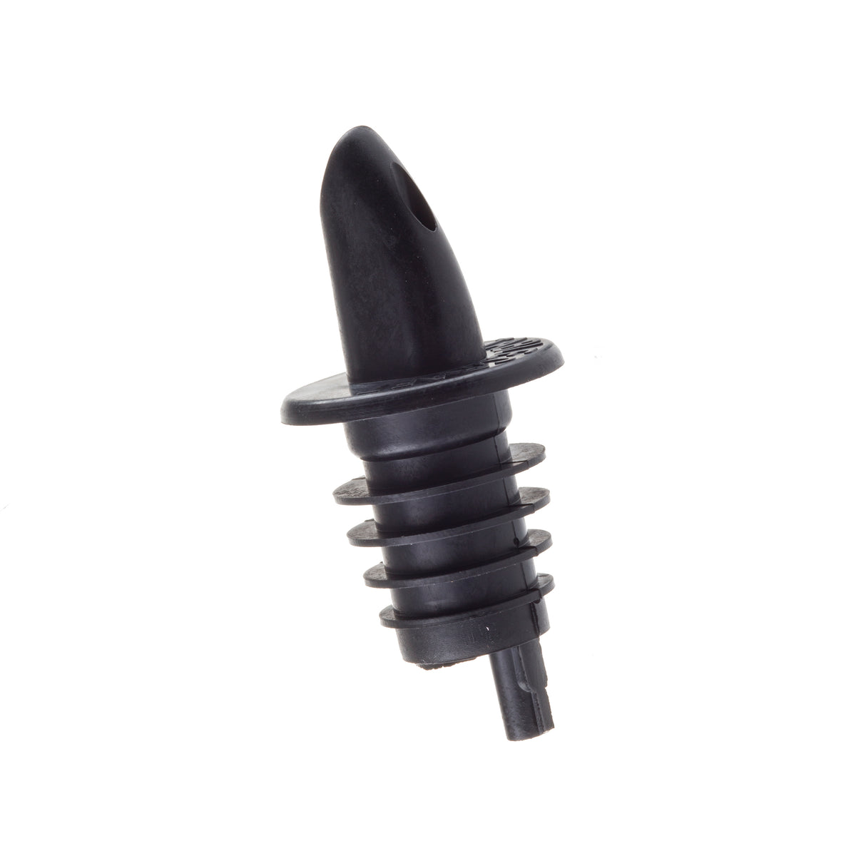 A TableCraft free flow pourer with a spout, circular flange, and ribbed stopper designed for bottle neck insertion. The black plastic pourer is photographed diagonally against a white background.