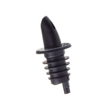 A TableCraft free flow pourer with a spout, circular flange, and ribbed stopper designed for bottle neck insertion. The black plastic pourer is photographed diagonally against a white background.