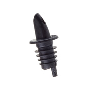 A TableCraft free flow pourer with a spout, circular flange, and ribbed stopper designed for bottle neck insertion. The black plastic pourer is photographed diagonally against a white background.