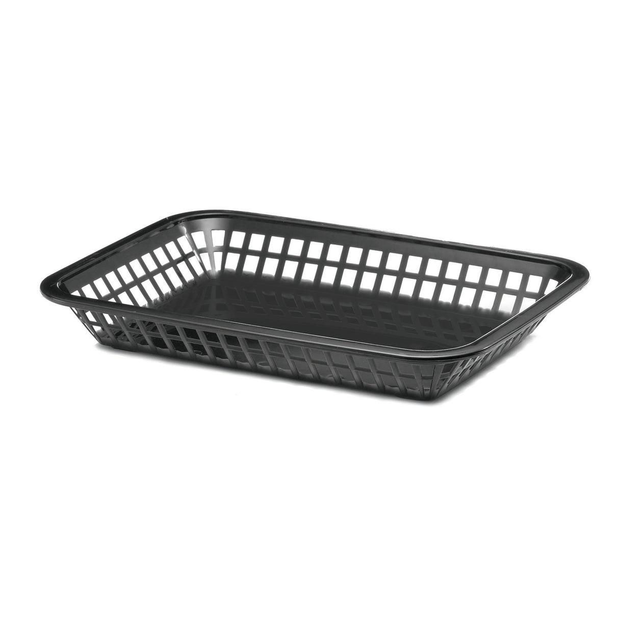 A rectangular black plastic Cash & Carry Grande Basket with open grid sides and a solid base is shown against a white background. This low-profile, heat resistant basket features slightly rounded corners and is dishwasher safe.