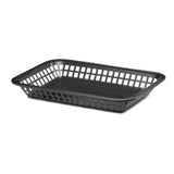 A rectangular black plastic Cash & Carry Grande Basket with open grid sides and a solid base is shown against a white background. This low-profile, heat resistant basket features slightly rounded corners and is dishwasher safe.