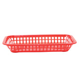 A rectangular, shallow red plastic basket with an open grid design and raised sides, shown empty against a white background. This heat resistant basket is simple and utilitarian, ideal for holding or displaying lightweight items.