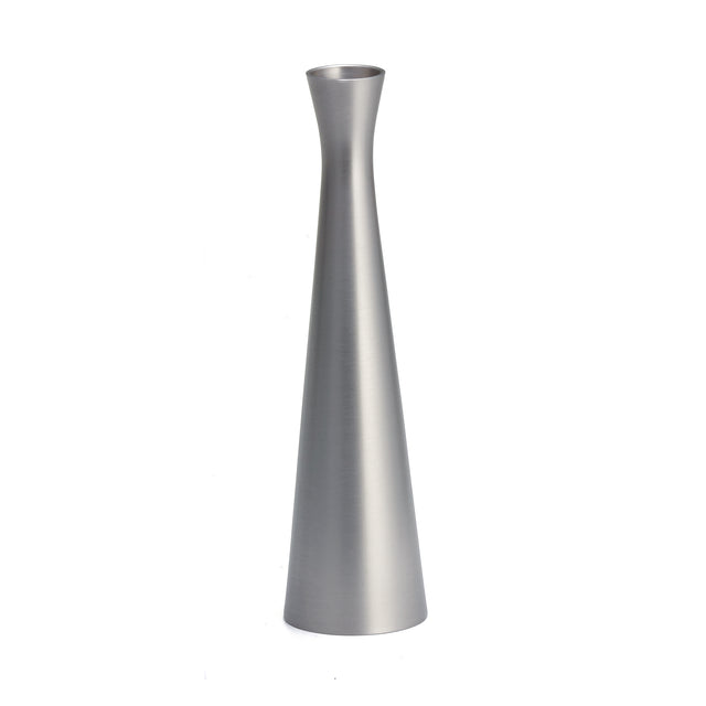 A sleek, modern flower vase crafted from zinc alloy with a brushed silver finish. Tall, narrow, and conical, it flares at the top and tapers to a wide base. Its minimalist elegance stands out against a plain white background.
