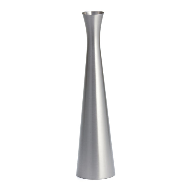 A tall, slender flower vase crafted from zinc alloy with a brushed silver finish. Featuring a narrow, slightly flared opening and broad base, its minimalist design and smooth surface subtly reflect light for a modern touch.