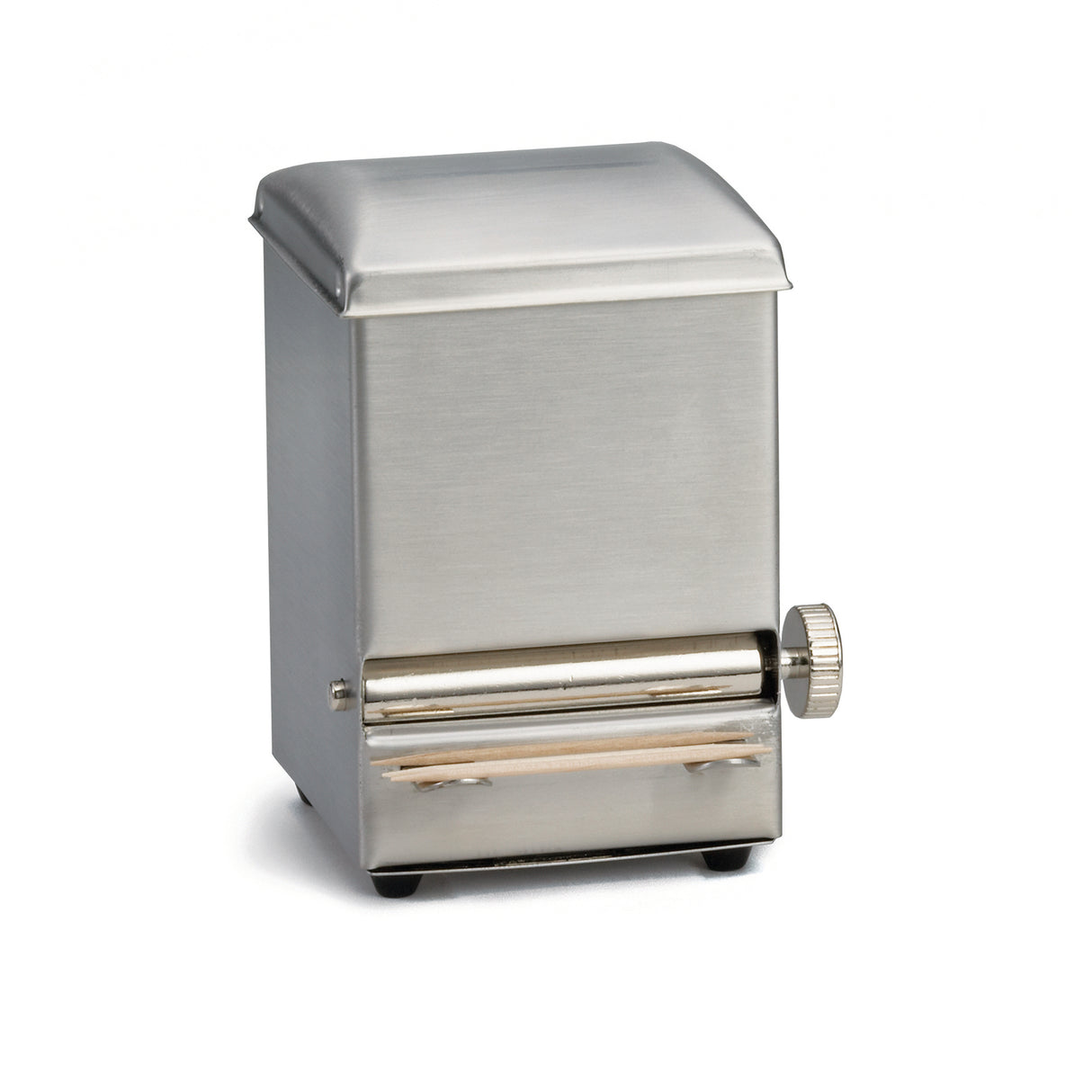 A small, rectangular stainless steel toothpick dispenser with a matte finish and slightly curved lid. It features a side knob and a horizontal slot at the front, both metallic-textured, and stands on four small feet against a white background.