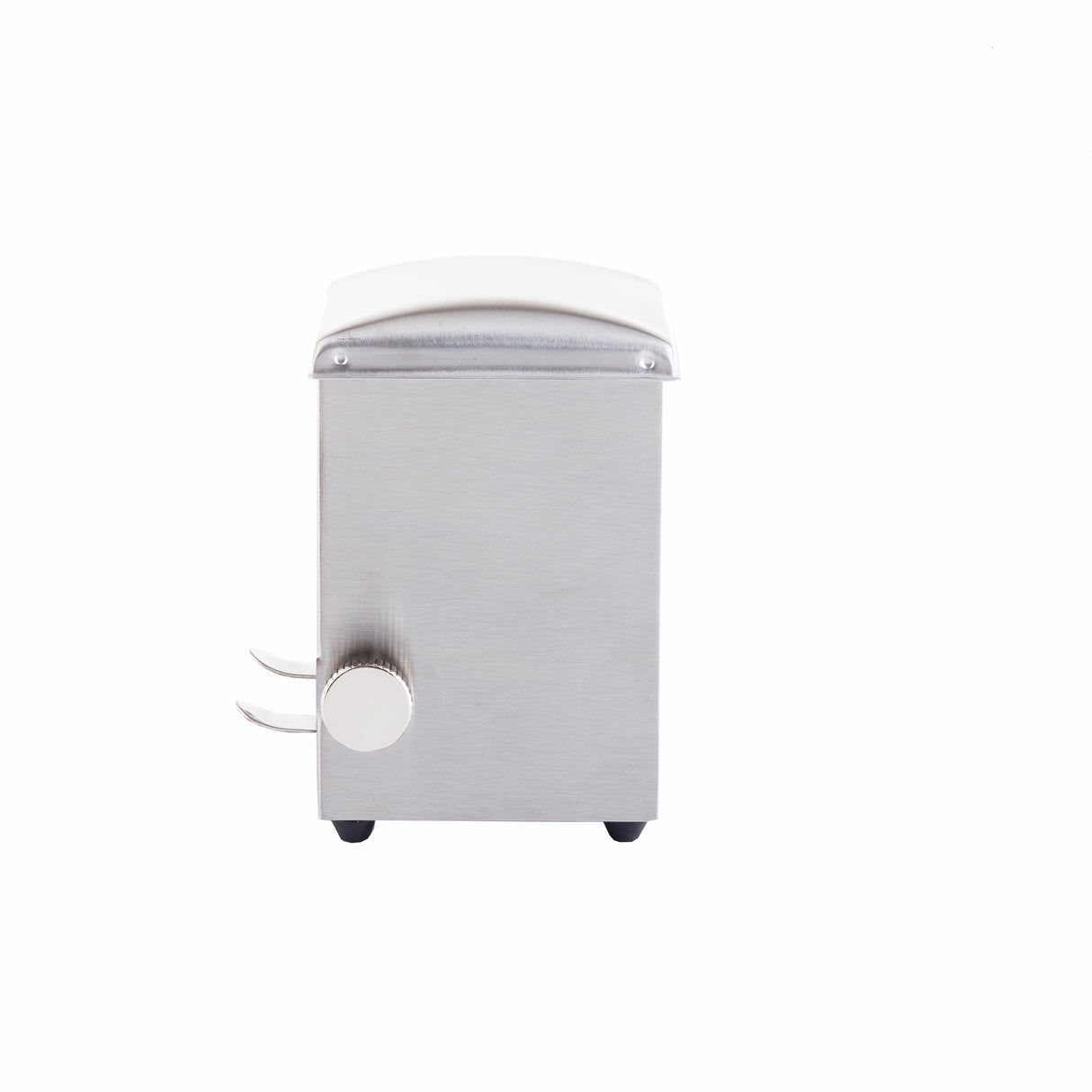 A stainless steel toothpick dispenser, viewed from the side. It has a square shape, two protruding levers, and a large round knob on the left side. The top is slightly curved, and it rests on four small black feet against a white background.