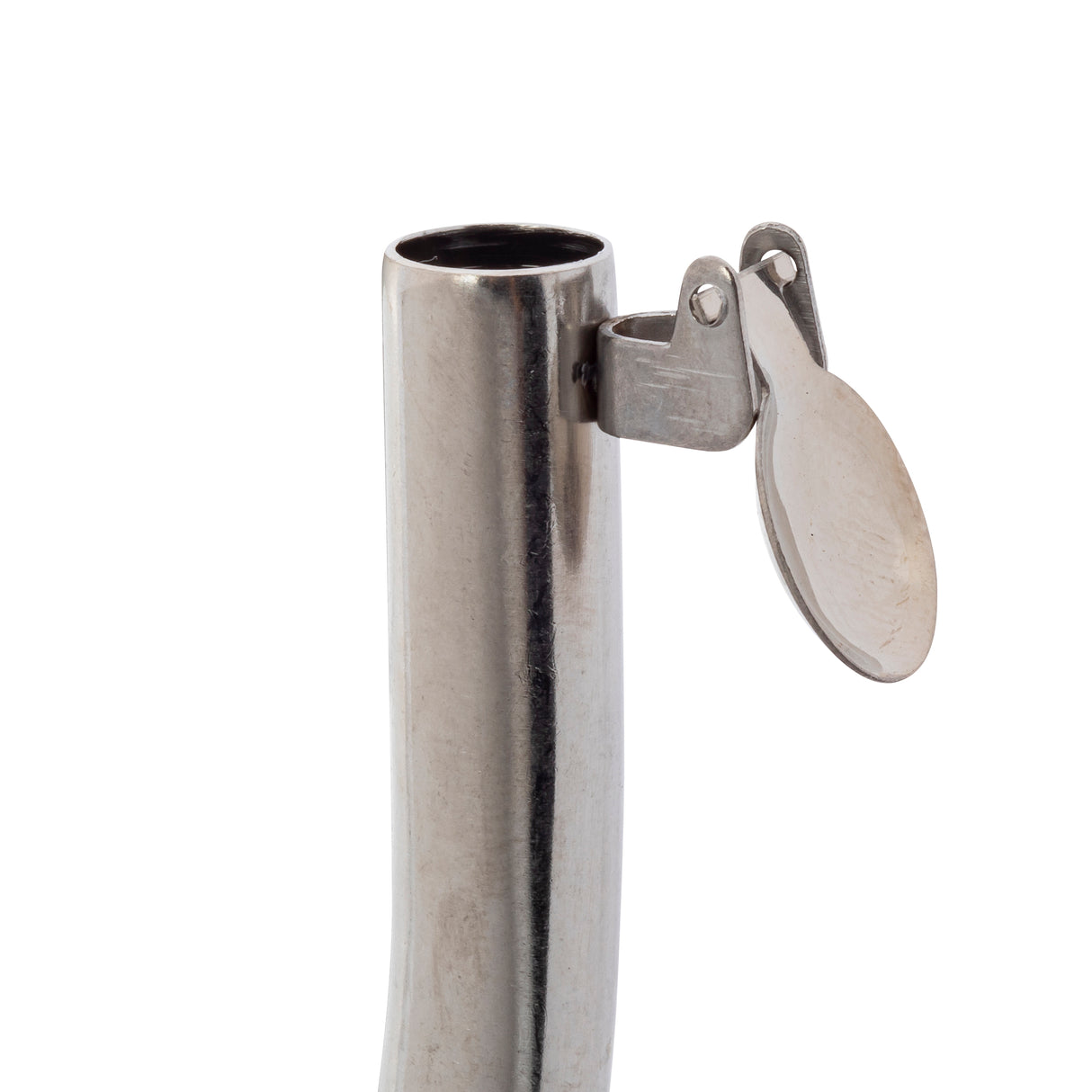 A close-up of a shiny stainless steel pipe with a hinged, circular cap partially open at the top, set against a plain white background. The cap is attached to the pipe with a small metal bracket and appears to be designed to cover the pipe’s opening.
