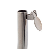 A close-up of a shiny stainless steel pipe with a hinged, circular cap partially open at the top, set against a plain white background. The cap is attached to the pipe with a small metal bracket and appears to be designed to cover the pipe’s opening.