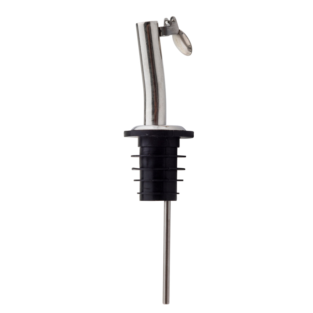 A stainless steel jet pourer bottle spout features a curved spout, hinged cap, and black ribbed BPA free rubber stopper to fit bottle necks. Shown upright with the cap open against a white background.