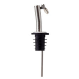 A stainless steel jet pourer bottle spout features a curved spout, hinged cap, and black ribbed BPA free rubber stopper to fit bottle necks. Shown upright with the cap open against a white background.