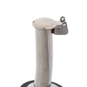 A close-up view of a stainless steel metal pole with a rounded top and two small holes on an extended tab, isolated on a white background. The base is partially visible at the bottom, and the smooth surface appears slightly reflective.