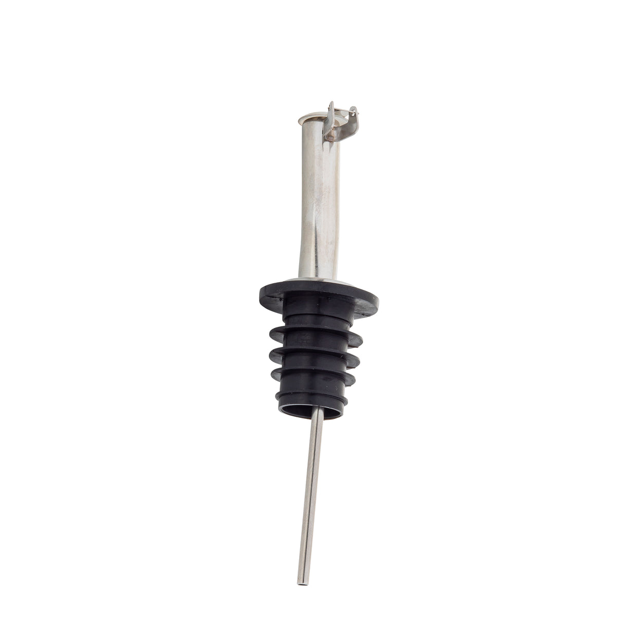 A stainless steel jet pourer with a long, thin spout and an attached flip-cap. It features a black, ribbed BPA free rubber stopper for securely sealing bottles. The background is plain white.