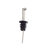 A stainless steel jet pourer with a long, thin spout and an attached flip-cap. It features a black, ribbed BPA free rubber stopper for securely sealing bottles. The background is plain white.