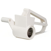 A white handheld cheese grater with a stainless steel drum, a side handle, and top lever for pressing food. Its compact design combines durable plastic and metal components, and it's dishwasher safe for easy cleaning.