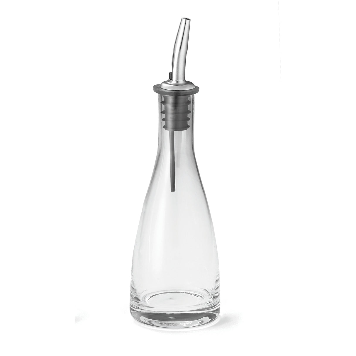 A clear glass oil & vinegar bottle with a slightly tapered neck, featuring a stainless steel pourer with a curved tip and black rubber seal. The bottle is empty and set against a white background, ideal for dispensing olive oil or vinegar.