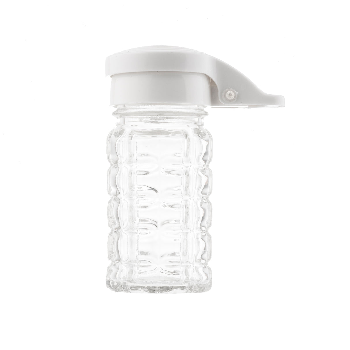 Clear, ribbed glass jar with a white plastic flip-top lid, shown upright against a plain white background. Moisture proof and dishwasher safe, the jar is empty, displaying its textured surface and transparency. Ideal as a salt/pepper shaker.