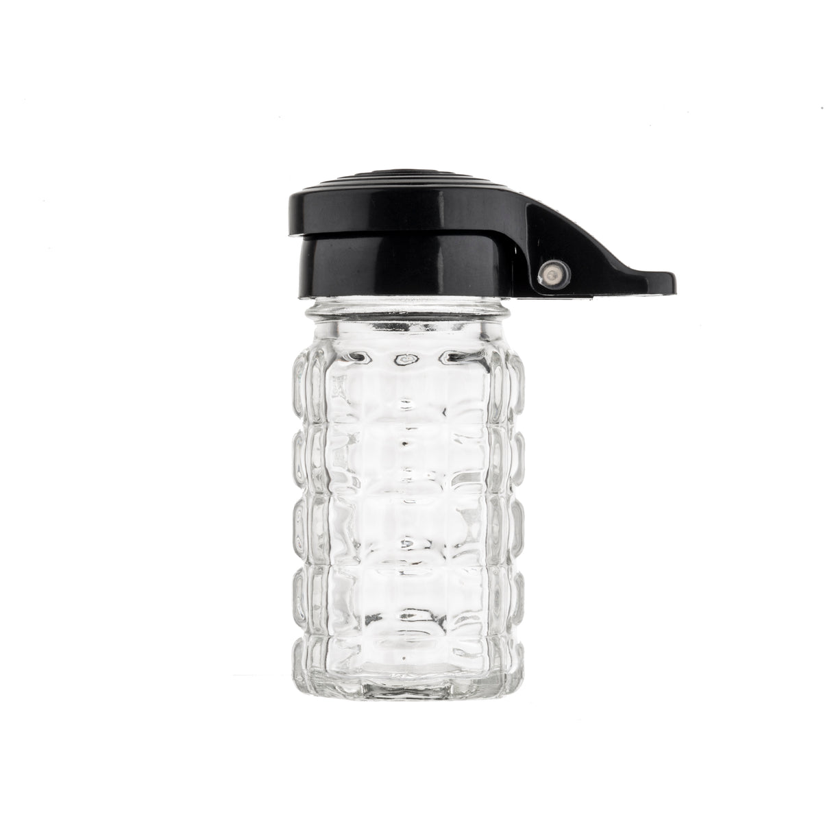 A clear, textured glass Salt/Pepper Shaker with a square pattern sits upright. It features a wide, black, flip-top plastic lid with a small silver hinge. The jar is moisture proof and dishwasher safe. Background is plain white with bright lighting.