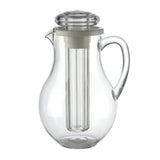 A modern and elegant Center Ice Core Pitcher, crafted from clear glass with a curved handle and wide base, features a removable cylindrical insert for infusing or chilling drinks. This dishwasher safe pitcher is perfect for stylish entertaining.