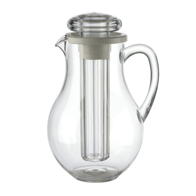 A modern and elegant Center Ice Core Pitcher, crafted from clear glass with a curved handle and wide base, features a removable cylindrical insert for infusing or chilling drinks. This dishwasher safe pitcher is perfect for stylish entertaining.