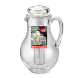 A clear polycarbonate pitcher with a lid and built-in infuser tube, shown empty except for a label featuring a fruit-filled image. This dishwasher safe pitcher has a wide, round body, single handle, and is perfect for refreshing drinks.