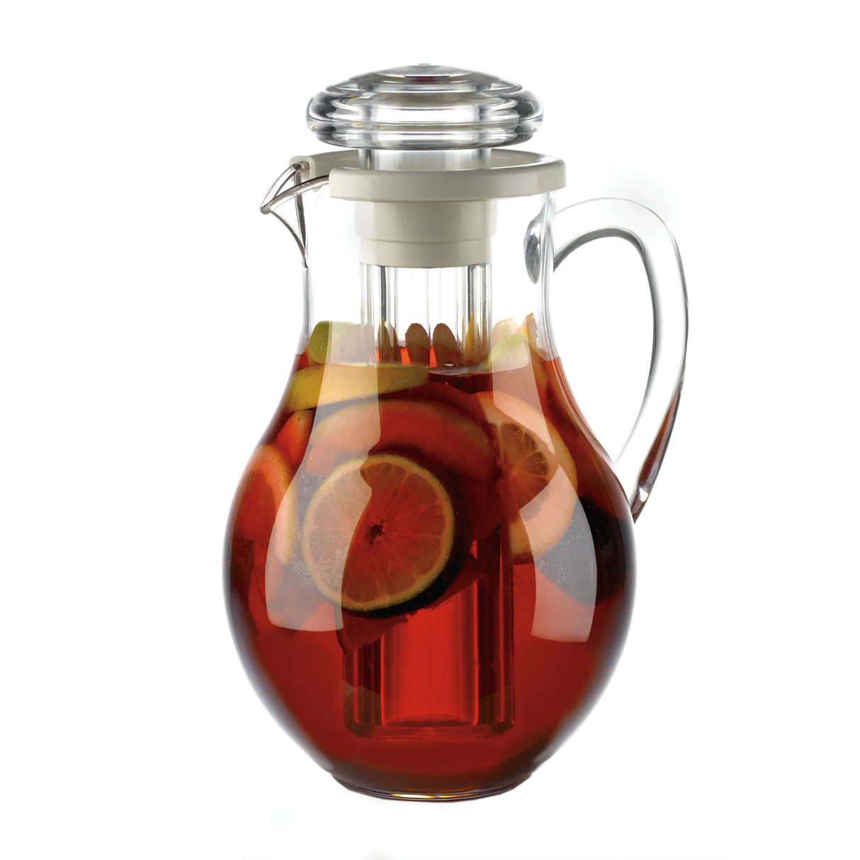 A clear Center Ice Core Pitcher with a lid, filled with red iced tea and slices of lemon and lime. This dishwasher safe pitcher features a curved handle, built-in infuser at the center, and sits against a plain white background.
