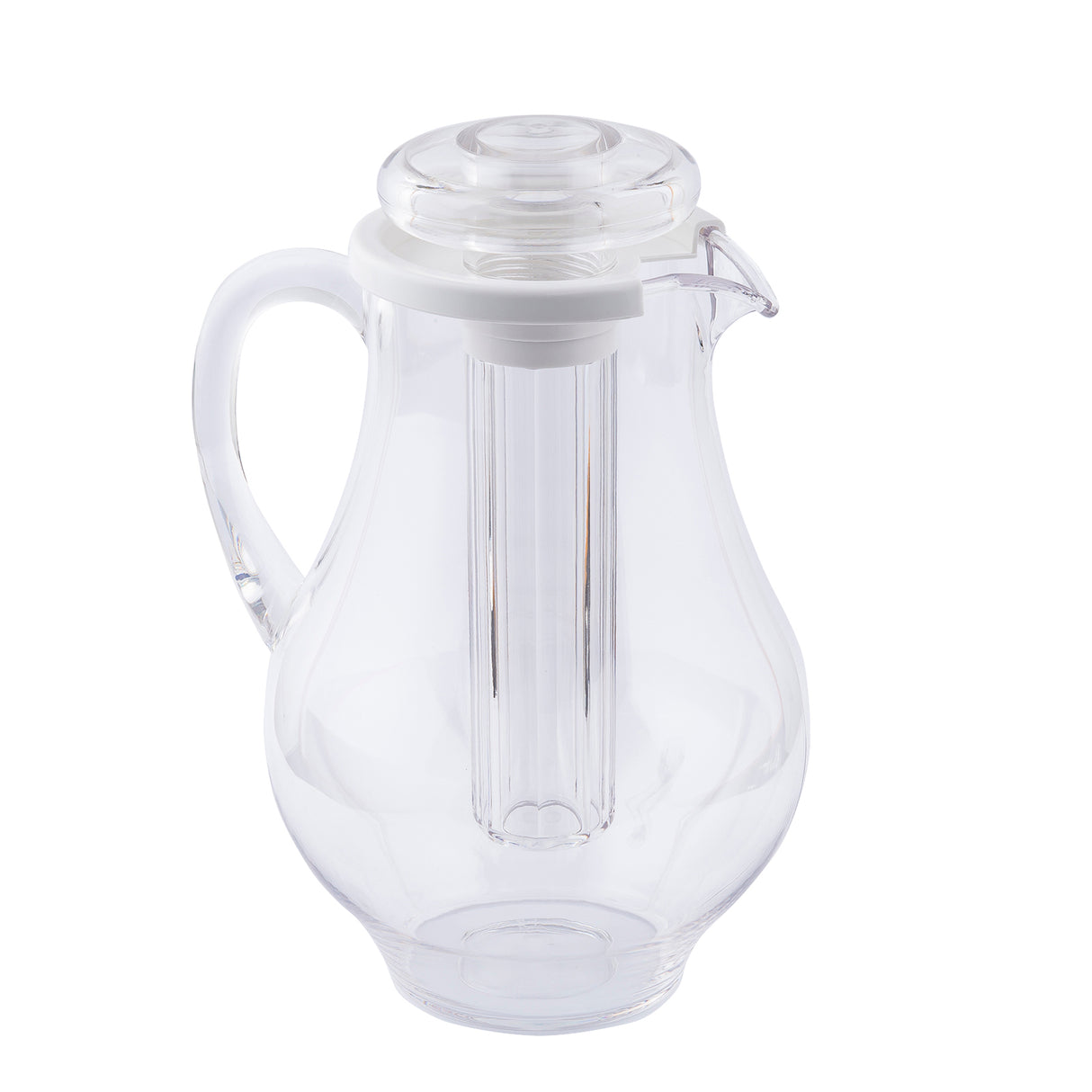 A clear Center Ice Core Pitcher with a handle, spout, and fitted lid, featuring a central removable infuser for fruit, tea, or ice. This dishwasher safe pitcher is empty and shown against a plain white background.