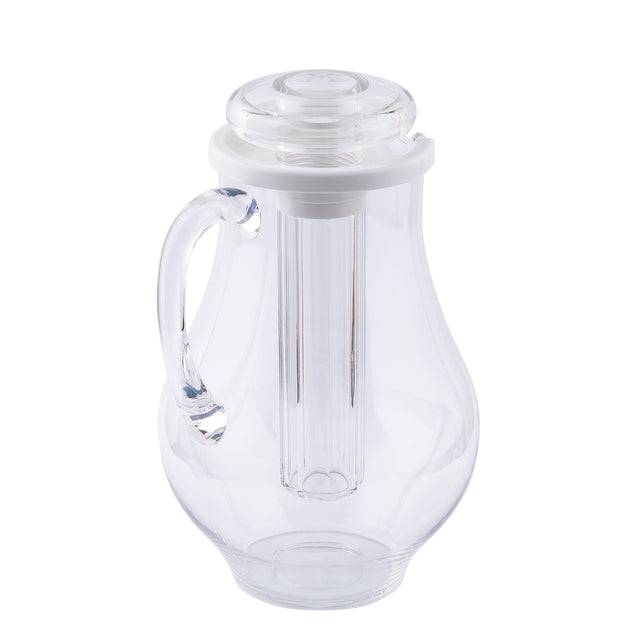 A clear polycarbonate pitcher with a curved handle and wide base, featuring a fitted white lid. Inside, a removable cylindrical infuser tube is ideal for adding fruit or tea. This dishwasher safe pitcher is empty and set against a white background.