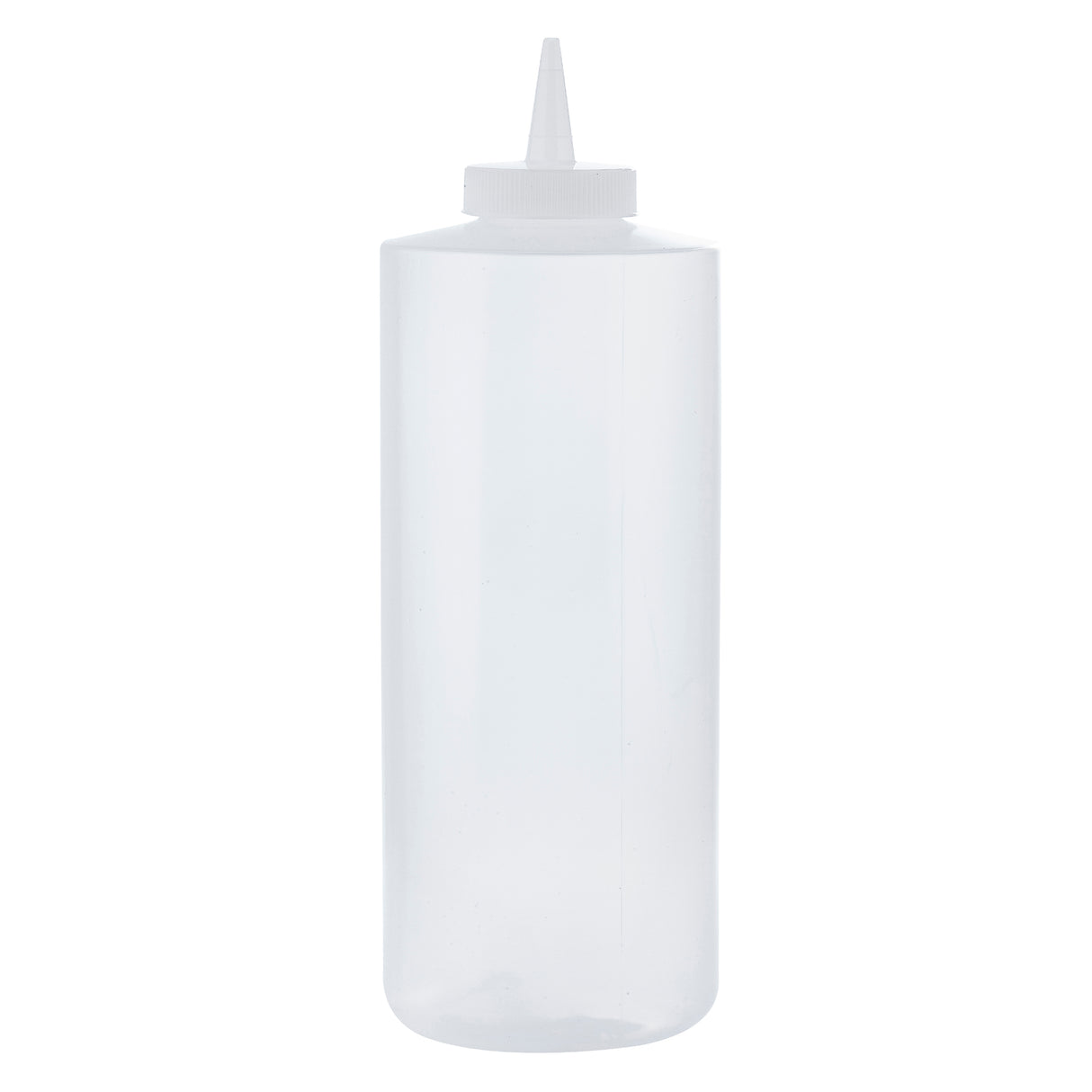 A clear, empty 32 oz WideMouth Squeeze Bottle with a white, ribbed SelecTop screw-on cap and a pointed nozzle tip. The cylindrical bottle stands upright against a plain white background.