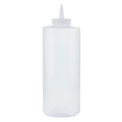 A clear, empty 32 oz WideMouth Squeeze Bottle with a white, ribbed SelecTop screw-on cap and a pointed nozzle tip. The cylindrical bottle stands upright against a plain white background.