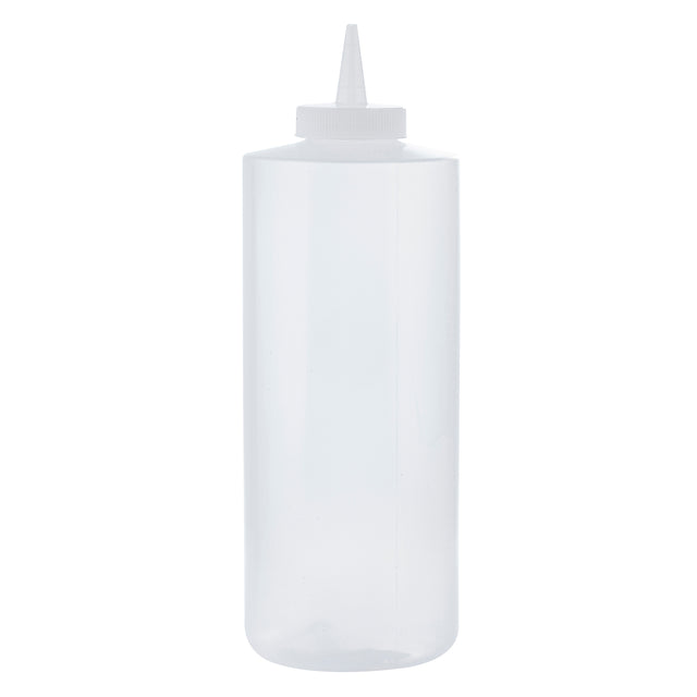 A clear, empty 32 oz WideMouth Squeeze Bottle with a white, ribbed SelecTop screw-on cap and a pointed nozzle tip. The cylindrical bottle stands upright against a plain white background.