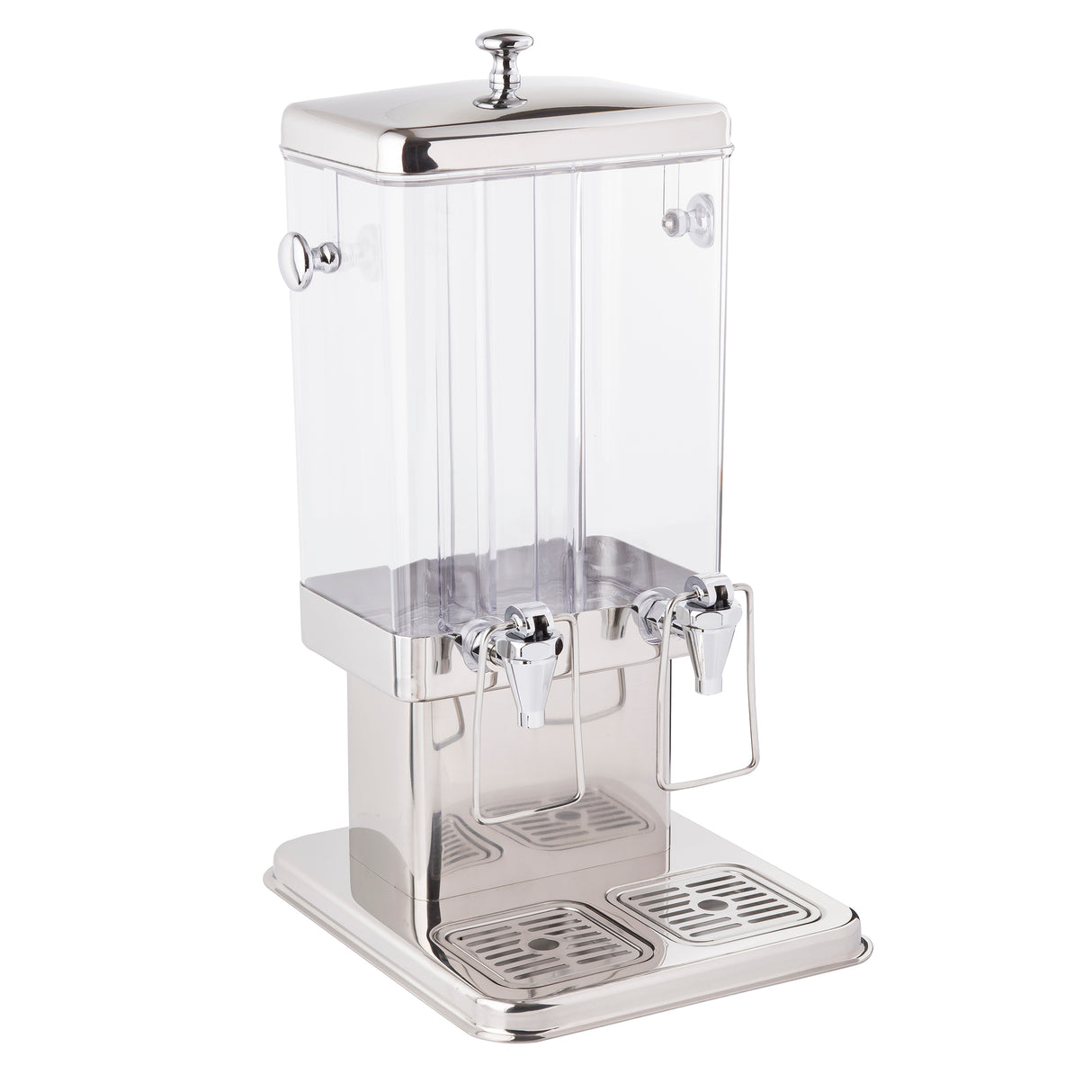 A dual-compartment polycarbonate beverage dispenser featuring a clear rectangular container and shiny metal base. It includes two metal spigots with handles, metallic lid and drip trays, and is ideal for easy serving and durability.