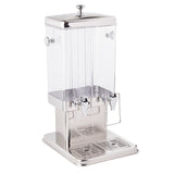 A dual-compartment polycarbonate beverage dispenser featuring a clear rectangular container and shiny metal base. It includes two metal spigots with handles, metallic lid and drip trays, and is ideal for easy serving and durability.